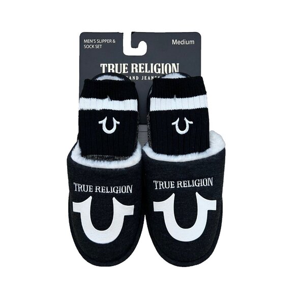 True Religion Horseshoe House Slippers & Sock Set Black ( M ) - Picture 1 of 2